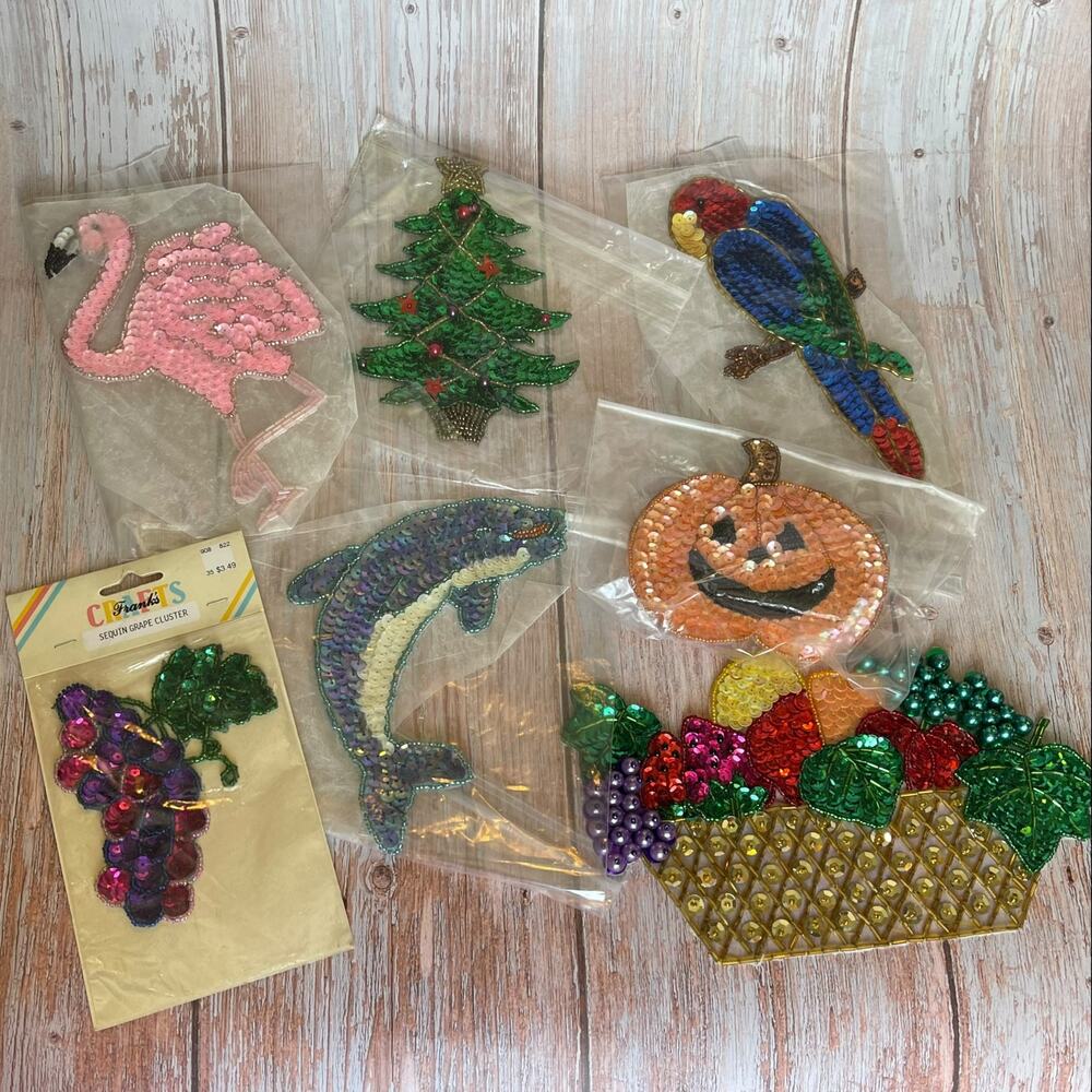 Vintage Sequin Beaded Applique Lot 7pc Flamingo Parrot Dolphin Fruit Christmas